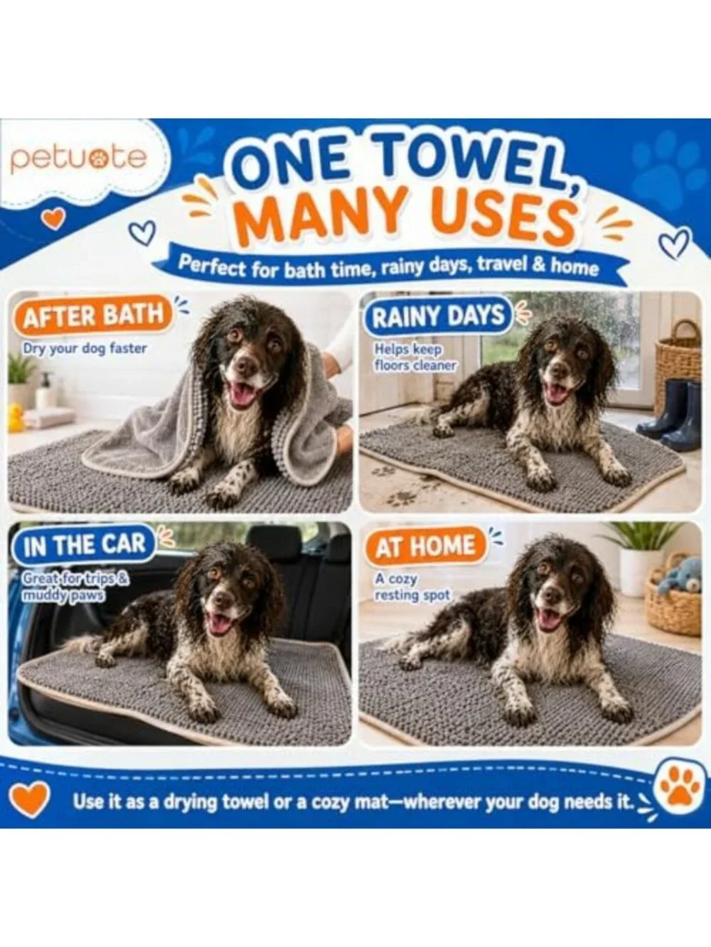 Ultra Soft 2-in-1 Dog Towel & Bath Mat - Quick-Drying, Absorbent, Non-Slip